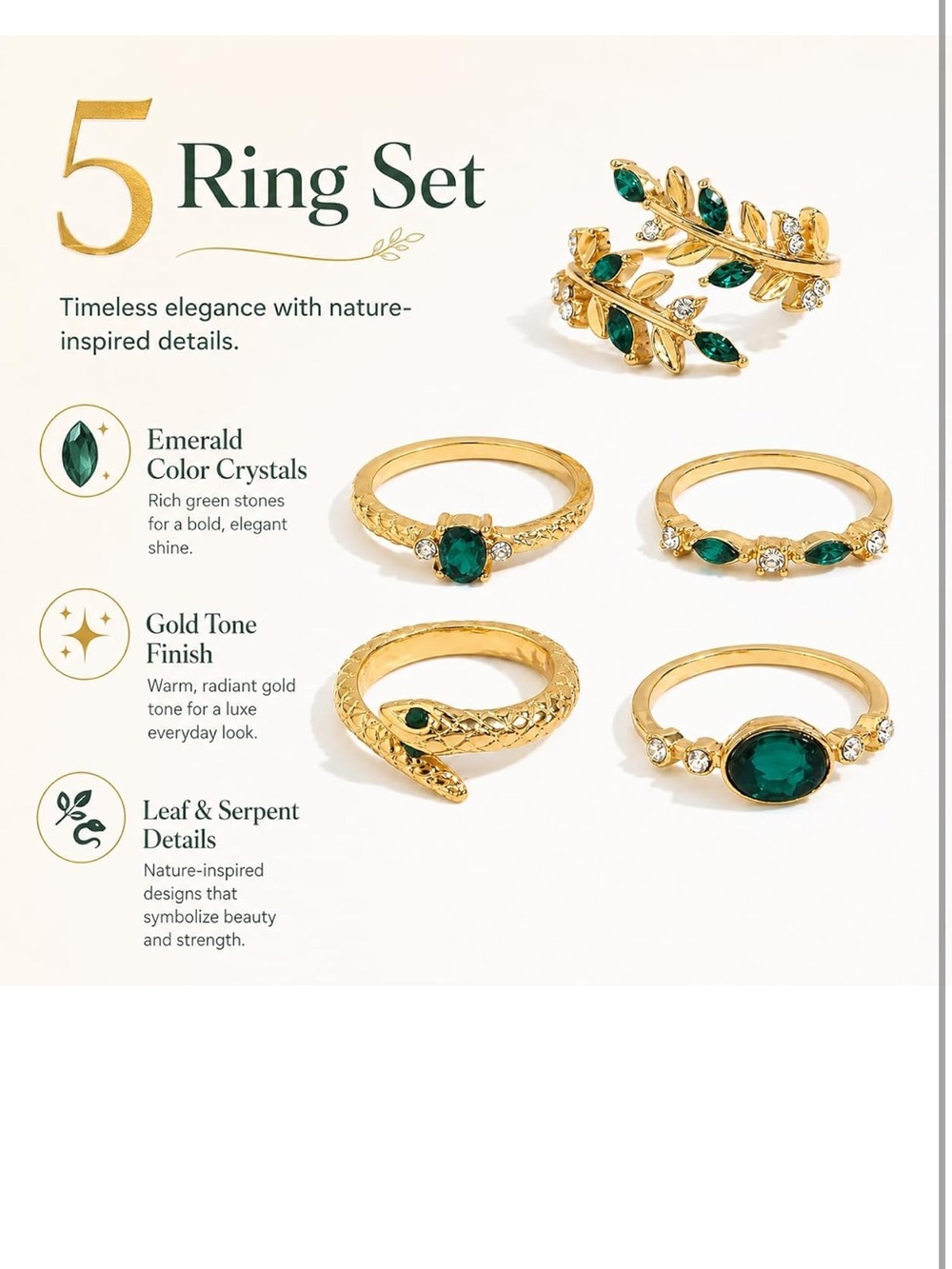 Anthropologie Gold Stackable Rings with Emerald Green Stones - Picture 4 of 6